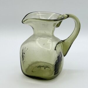 Vintage Hand Blown Olive‎ Green Glass Squared Pitcher Mid Century Modern